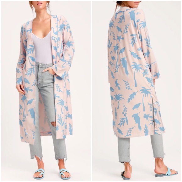 Lulus Sweaters - DAILY INDULGENCE BLUSH AND BLUE PRINT DUSTER ROBE